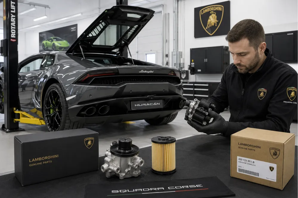 A Lamborghini Huracan being serviced in a bright spec
