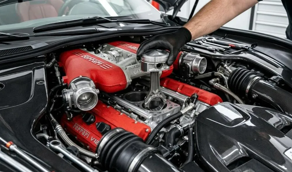 Close-up of a luxury sports car engine bay for an article about ferrari pistons