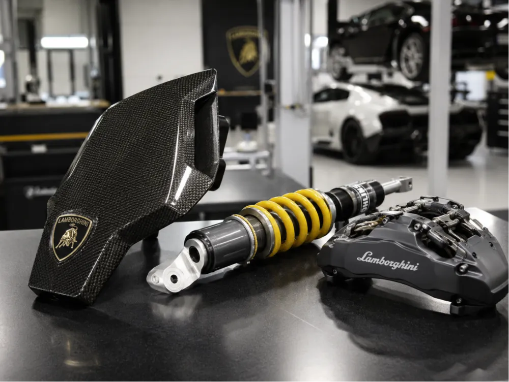 Close-up of genuine Lamborghini oem parts arranged