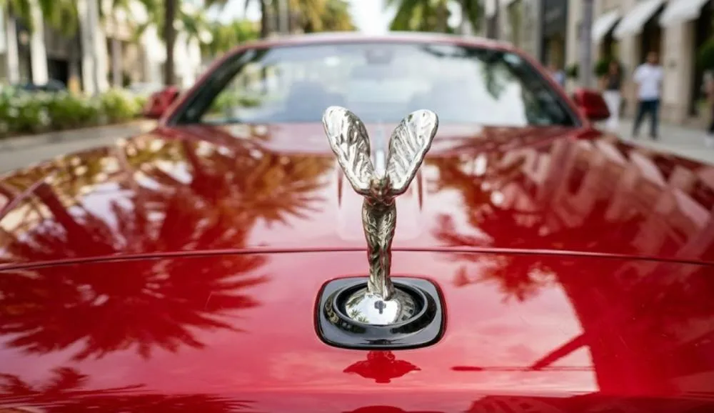 Close-up placeholder of a luxury car ornament on a red sports car