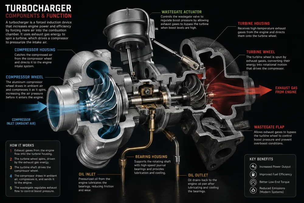 Detailed cutaway-style image of a turbocharger showing turbine, compressor wheel,