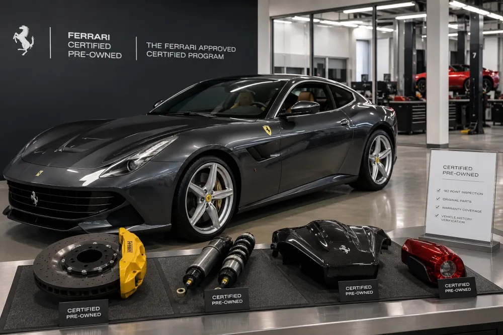 Ferrari grand tourer parked beside a parts inspection table with labeled certified used components, modern high-end automotive facility