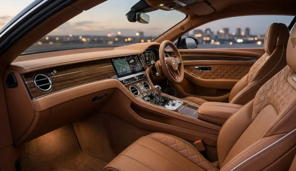 Luxury car interior with leather seats and dashboard trim