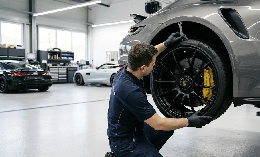 Luxury car wheel being inspected for fitment and condition