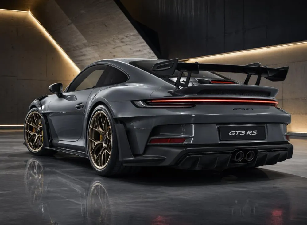Luxury performance car with exterior styling details and rear spoiler
