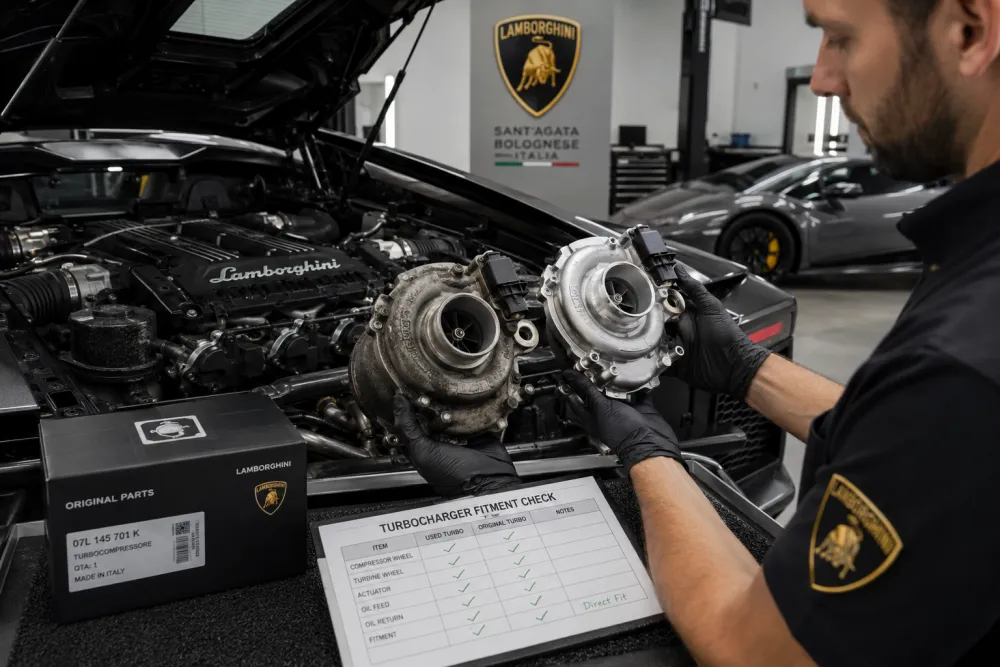 Luxury performance workshop scene with a Lamborghini engine bay open, technician 