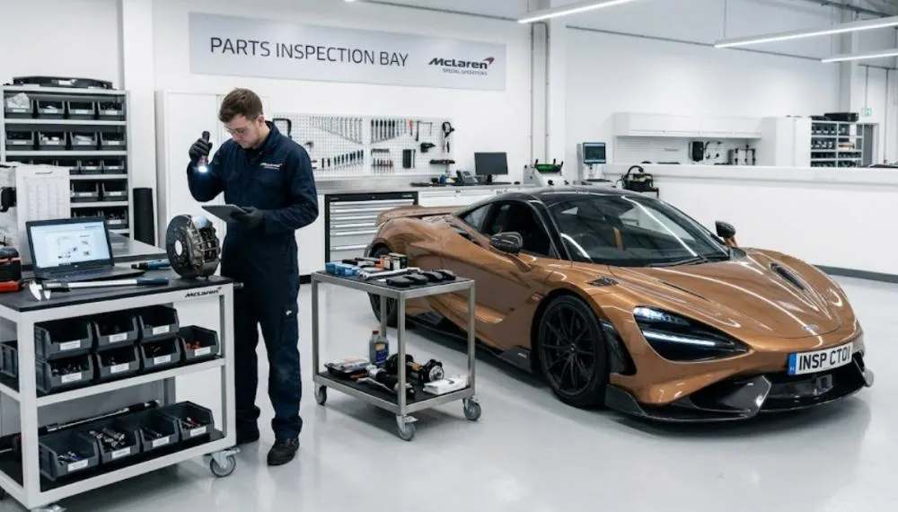 Luxury sports car parked in a clean garage for parts inspection