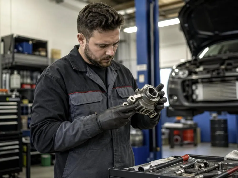Technician checking a used luxury car part before installation