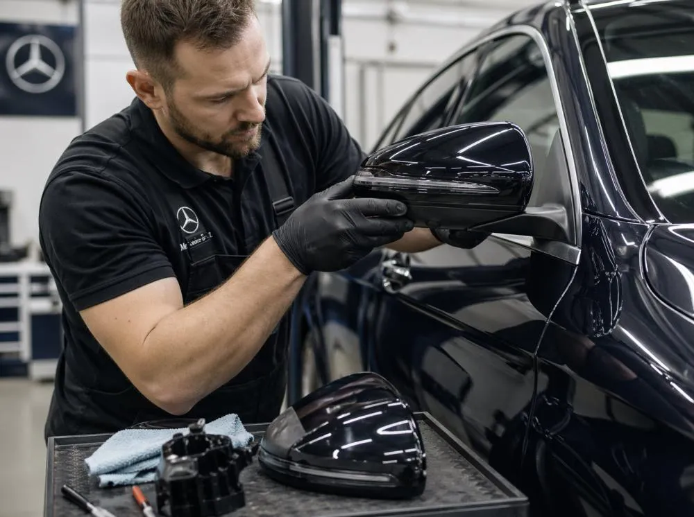 Mechanic inspecting a luxury car side mirror before installing parts