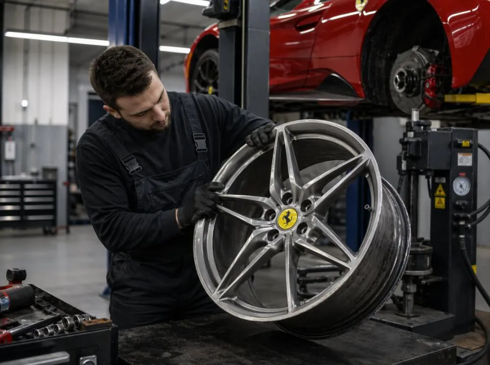 Mechanic inspecting a used luxury car rim before installation