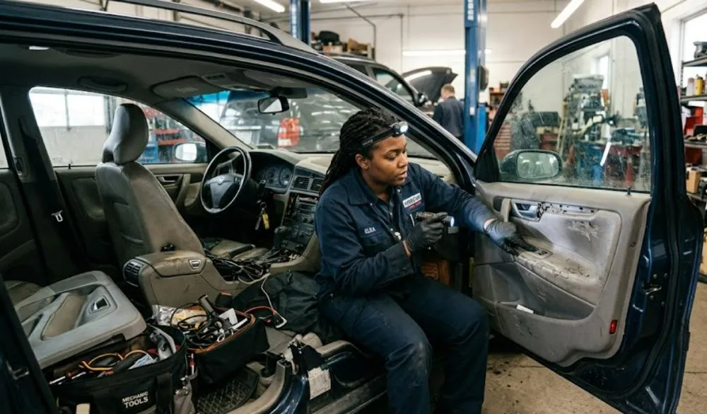 Mechanic inspecting car interior panels before replacement