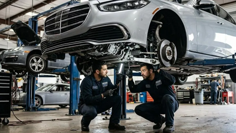 Mechanic inspecting the lower front area of a luxury car