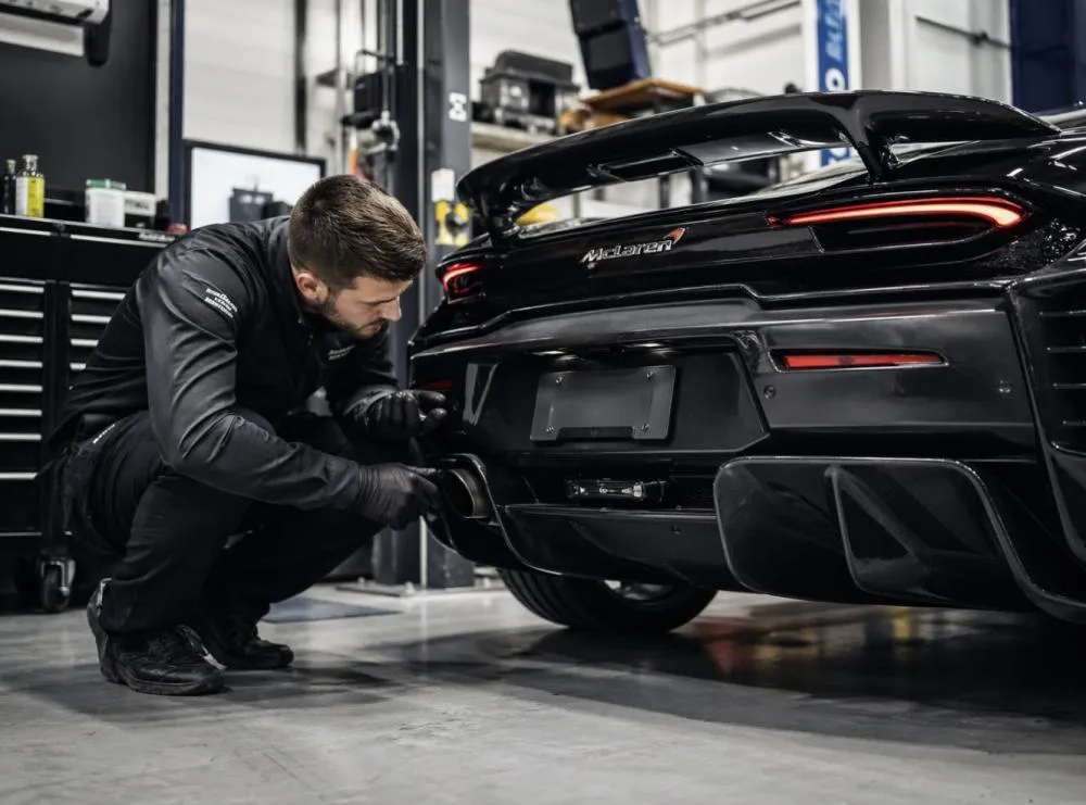 Mechanic inspecting the rear of a performance car in a workshop