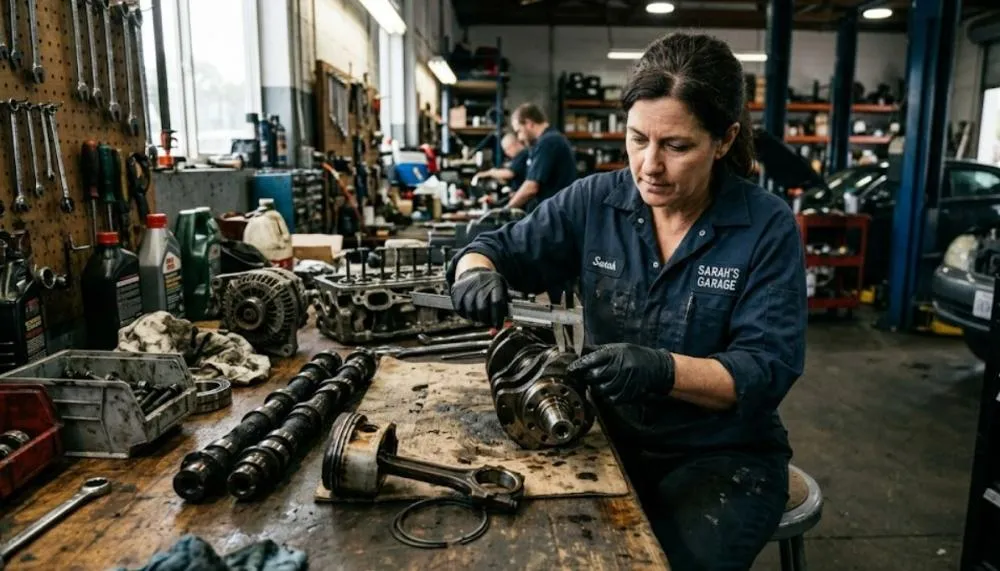 Mechanic inspecting used engine components on a workbench