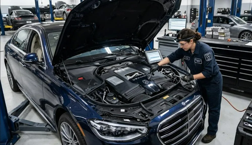 Mechanic working on a luxury vehicle