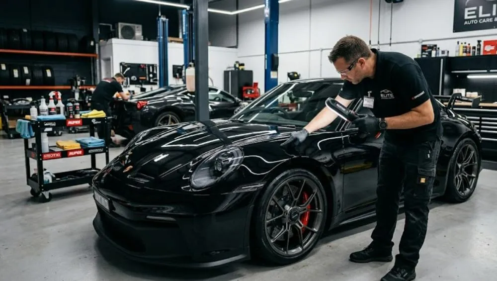 Placeholder image of a luxury car detail being inspected in a workshop