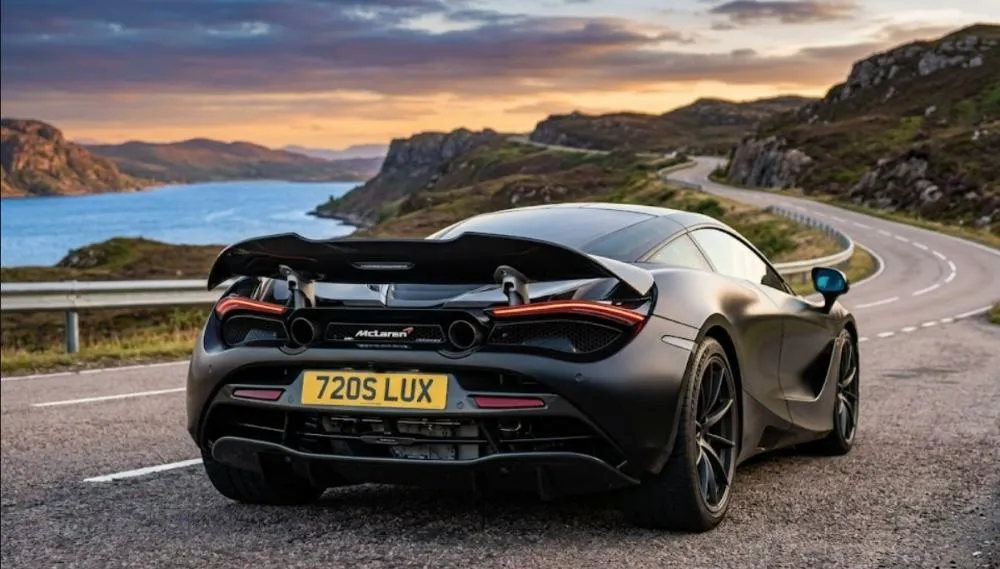 Rear view of a luxury sports car showing a fitted spoiler