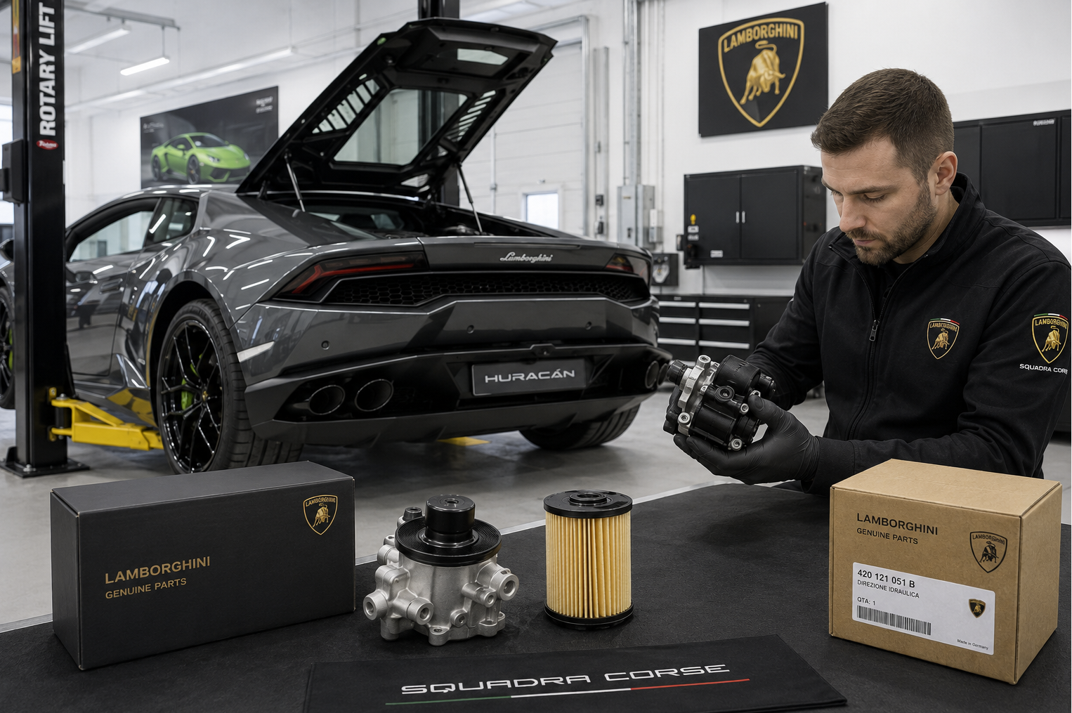 A Lamborghini Huracan being inspected