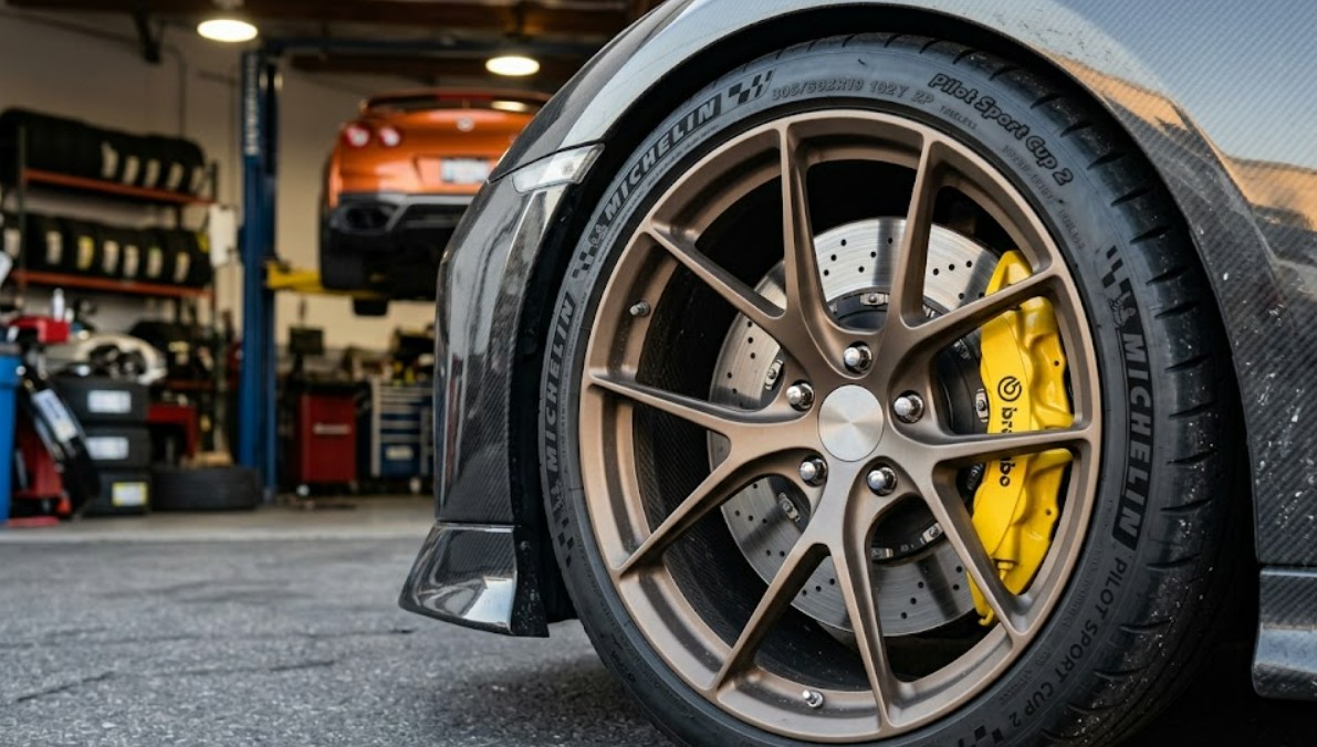 Close-up of a sports car wheel suitable for a tuning article