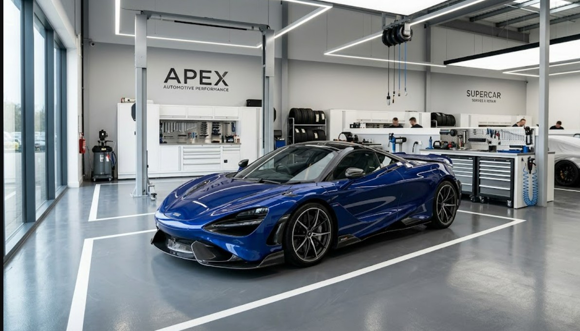 Luxury sports car parked in a clean workshop