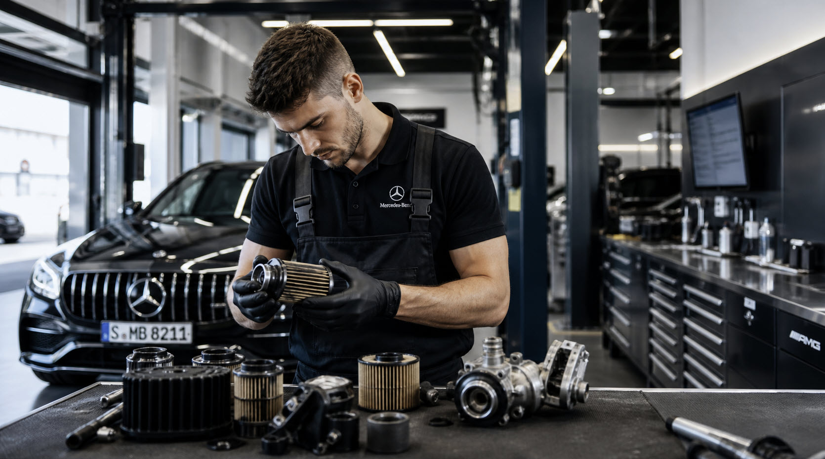 Mechanic inspecting parts near a luxury car in a workshop