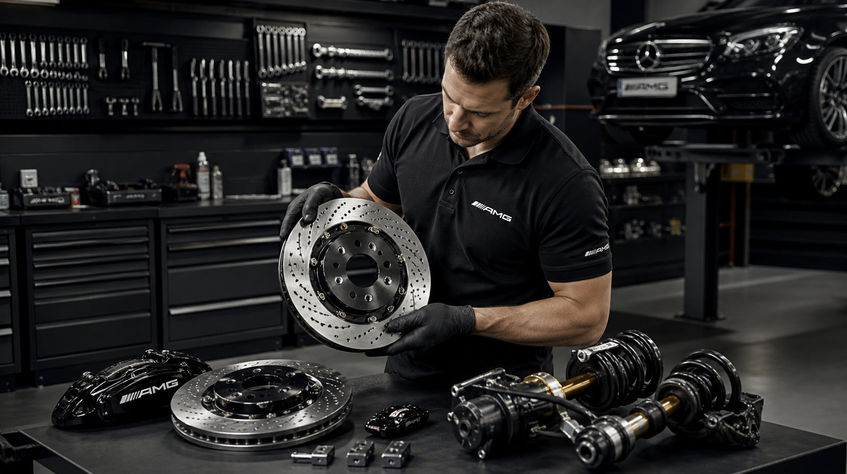 Mechanic inspecting premium car parts in a workshop